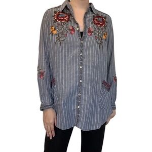 Johnny Was Workshop Button Down Floral Embroidered Boho Striped Size Medium